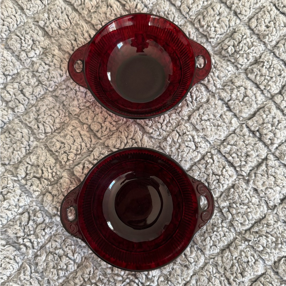 Anchor Hocking Ruby Red Coronation Depression Glass Handled Fruit Bowls set of 2